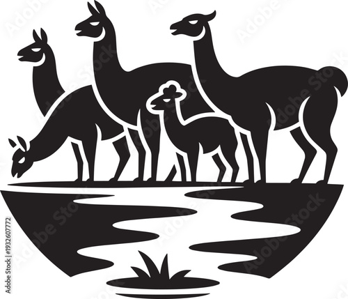 Four llamas standing near water source in silhouette style for minimalist vector art design