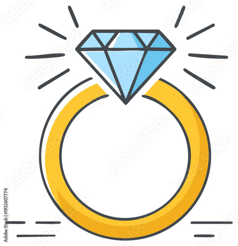 Hand drawn illustration of a sparkling diamond engagement ring with a gold band, a symbol of marriage and love.