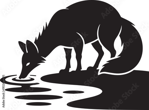Fox silhouette drinking water at river bank side view vector illustration isolated on gray