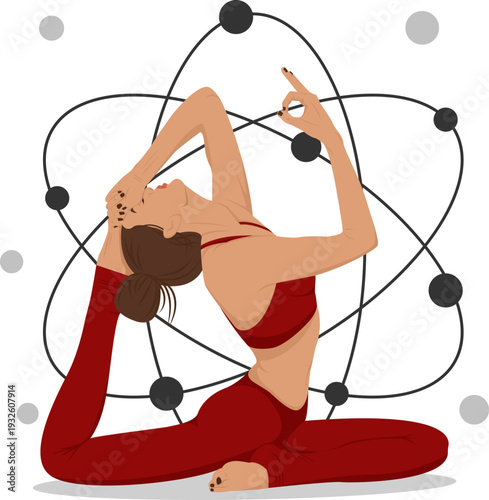 Yoga woman in Pigeon pose with abstract orbital lines. Vector illustration