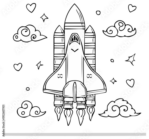 Cartoon space shuttle design with clouds and stars. Vector illustration.