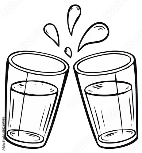 Two glasses clinking together with liquid splashing up, cheers celebration cartoon