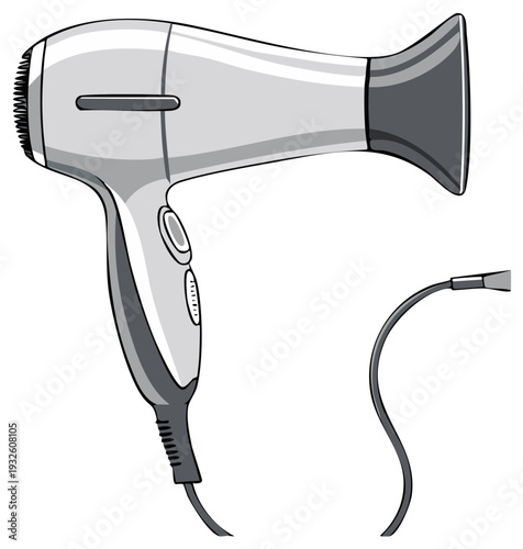 Modern silver hair dryer with a flexible cord and contoured handle for styling hair