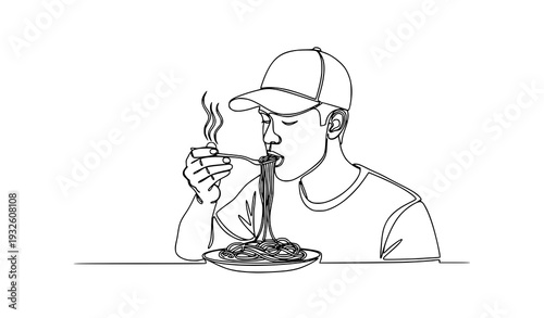 Man enjoying spaghetti meal continuous line vector EPS 10