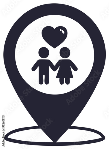 Map pin icon with a romantic couple holding hands and a heart symbol for a dating location