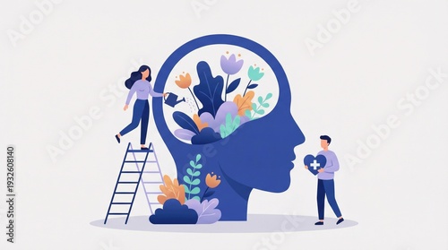 Mental health and personal growth illustration with people tending to plants inside a human head.