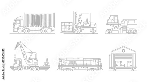 Fleet of Delivery Vehicles: A detailed illustration of various freight vehicles, encompassing trucks, forklifts, cranes, and train cars, all essential for the efficient movement of goods.