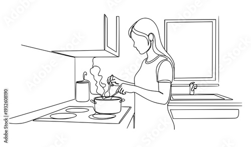 Woman cooking continuous line art vector EPS 10