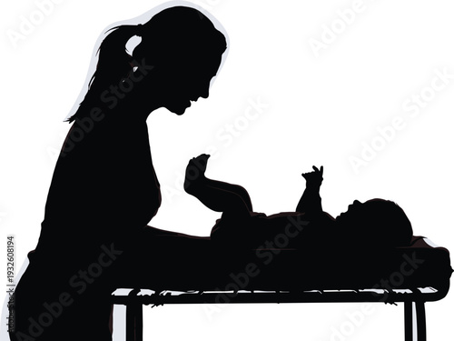 Mother changing baby diaper on table silhouette, loving mom caring for newborn infant at home, parenting routine, maternal bond, childcare concept illustration