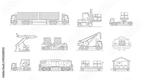 Logistics in Line: An array of transportation vehicles, meticulously outlined, showcases the diverse methods of goods movement across land, air, and sea.