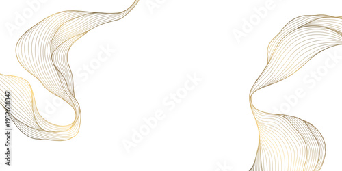 Elegant gold line wave pattern on white background, abstract curves, flowing silk texture, deco elements. Luxury vector illustration, Japanese ornament, minimal design