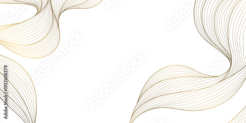 Elegant gold line wave pattern on white background, abstract curves, flowing silk texture, deco elements. Luxury vector illustration, Japanese ornament, minimal design