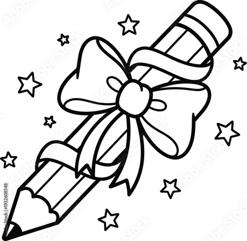 A whimsical black and white illustration depicts a pencil adorned with a bow and surrounded by sparkling stars evoking creativity