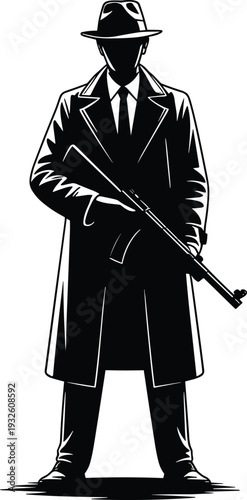 Mysterious gangster silhouette holding rifle in noir style, vintage detective figure with fedora and trench coat isolated on white background illustration