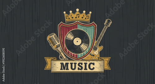 Vintage music emblem featuring a crown, microphone, guitar, and vinyl record, a symbol of musical artistry.
