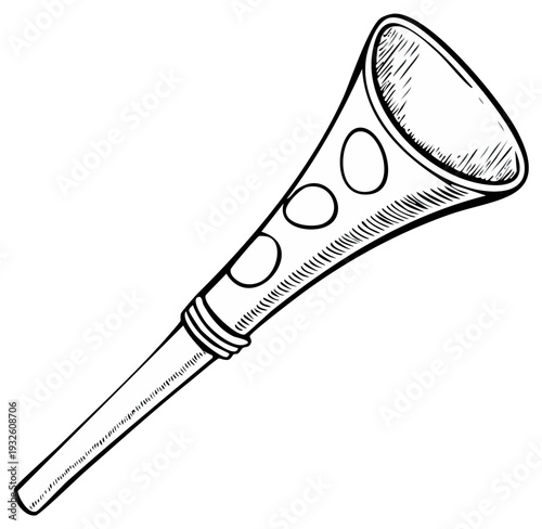 Hand Drawn Sketch of a Vuvuzela Horn with Circular Designs, Isolated on White Background