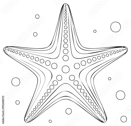 Black and white outline drawing of a starfish with bubbles for a coloring book page
