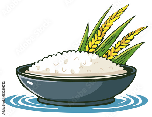 Freshly cooked white rice in a bowl with paddy ears and water ripples graphic