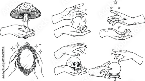 Mystical Occult Vector Set with Magic Hands Holding Crystal Ball Skull Mushroom and Ornate Mirror in Vintage Hand Drawn Line Art Style on White Background (25 words)