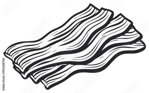 Black and white illustration of cooked bacon rashers, ready to be eaten.