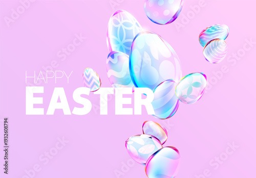 Easter greeting card with decorative 3D glass eggs. Festive vector illustration.