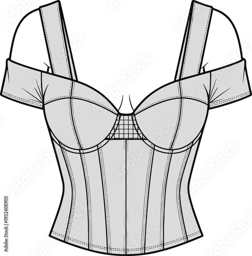 Off shoulder bustier corset top technical fashion flat sketch cad drawing vector illustration, sweetheart neckline bodice blouse apparel design template,