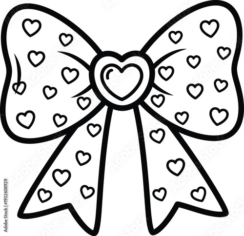 a charming black and white illustration features a decorative bow adorned with numerous small hearts creating a sweet and playful design