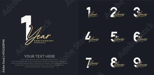 Anniversary logo set vector design, white and golden color for celebration event