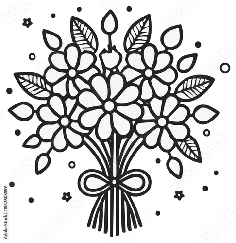 Simple Hand Drawn Outline Bouquet of Flowers Tied with a Ribbon