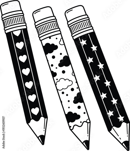 a simple illustration featuring three black and white pencils with unique patterns adorning their shafts arranged diagonally on a white background