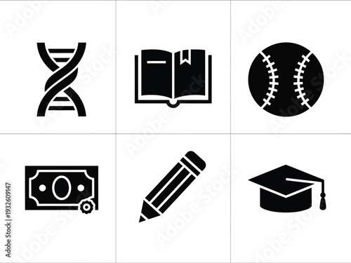 A collection of black glyph icons depicts science education sports finance and writing representing diverse concepts and fields of study