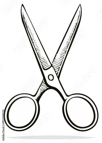 Hand Drawn Illustration of Open Metal Scissors, Sketch Style