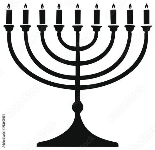 Black silhouette of a Hanukkah menorah with nine lit candles, a Jewish holiday symbol.
