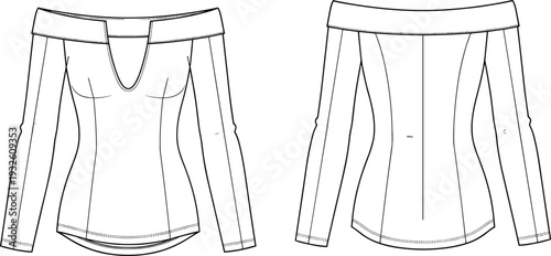 Off-Shoulder Long Sleeve Top Fashion Flat Sketch Technical CAD Drawing Flat Vector Illustration with Front and Back Views for Apparel Design