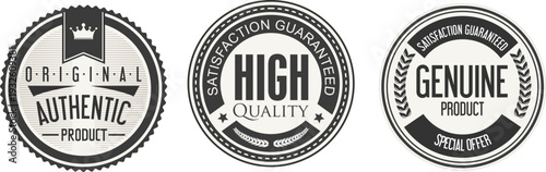 Three black and white authenticity stamps on a white background