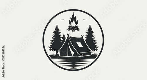 Camping adventure logo featuring tent, campfire, and trees in natures embrace, perfect for outdoor enthusiasts.