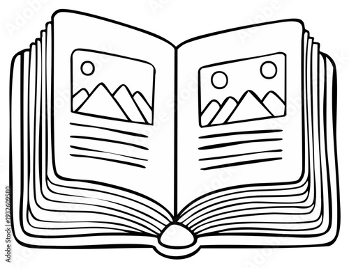 Open book with landscape illustrations and blank pages in black and white
