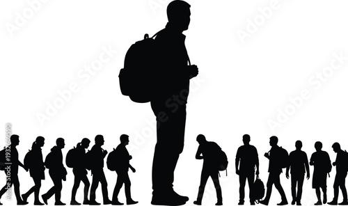 a silhouette of a man with a backpack walking leading a line of smaller figures behind him all in black