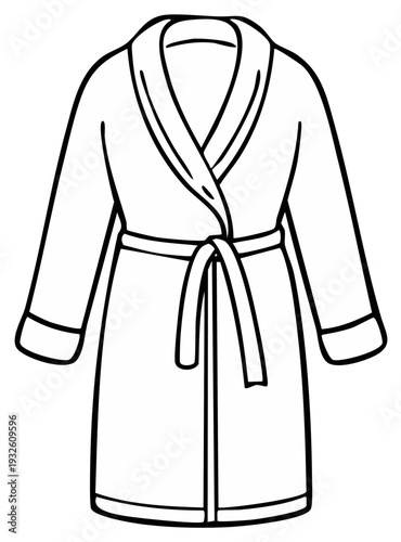 Simple black and white line art illustration of a tied robe with a shawl collar and cuffed sleeves