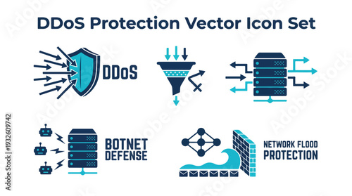 DDoS Protection Icons Set with Cybersecurity Symbols and Network Defense Elements