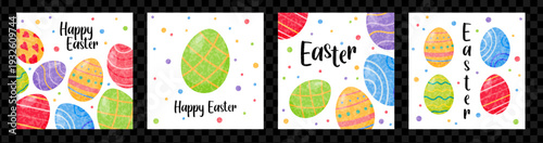 Happy Easter banner collection for social media or greeting card. Funny doodle patterned eggs composition.