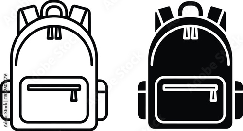 A simple depiction of two black and white school backpacks shown in outline and filled styles illustrating everyday school supplies