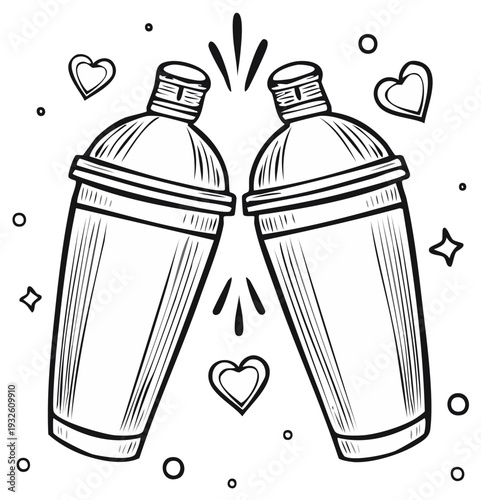Two outline cocktail shakers toasting with hearts and sparkles