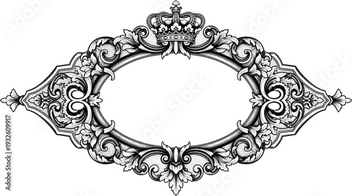 Ornate Vintage Baroque Oval Frame Illustration with Royal Crown and Elegant Floral Scrollwork Border for Luxury Invitations Certificates and Classic Decorative Design Elements
