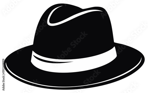 Black Fedora Hat Illustration, Classic Formal Wear with White Band, Vintage Style Headwear Design Element