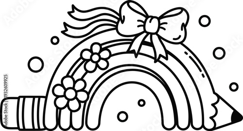 a charming black and white illustration depicts a rainbow formed by a pencil adorned with flowers and a bow high quality