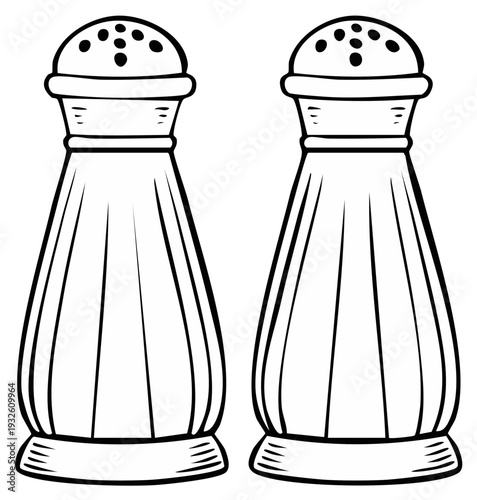 Two identical vintage style salt and pepper shakers with ribbed bodies and perforated tops