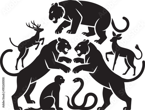 Jungle animals silhouettes set with panthers deer monkey and snake on transparent background