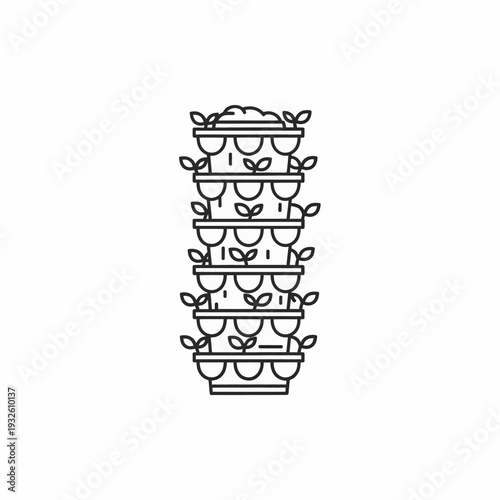 Vertical garden planting in monochrome, a neat tower of stacked planters showcasing leaves emerging, offering a simple and modern aesthetic.