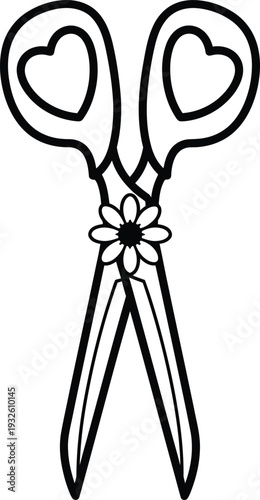 Canvas-taulu A detailed black and white illustration features ornate scissors with heart shap